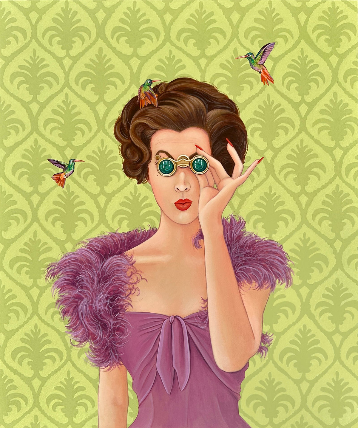 Painting of a glamorous woman in purple feathers looking through gold opera glasses, with hummingbirds